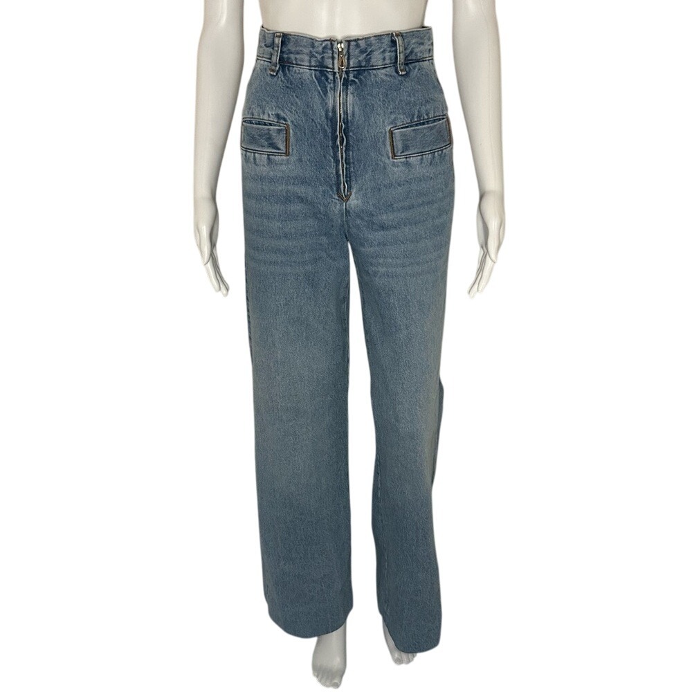 Sandro Oslo Cotton High Waist Wide Leg Faded Denim Blue Jean Size 34